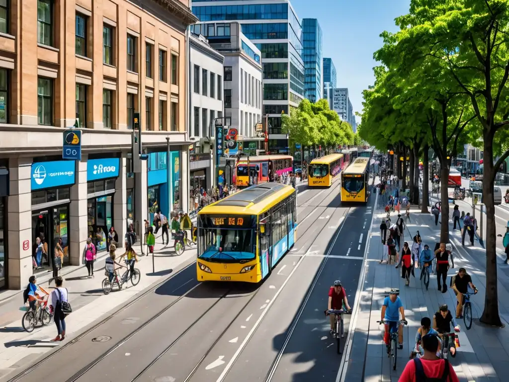 Escena urbana vibrante con impacto global en leyes de emisiones de transporte, diversidad de medios de transporte y personas en movimiento