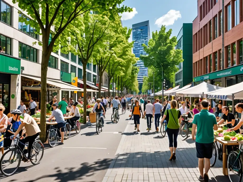 Escena vibrante de una calle urbana con peatones y ciclistas, áreas verdes y cafés al aire libre