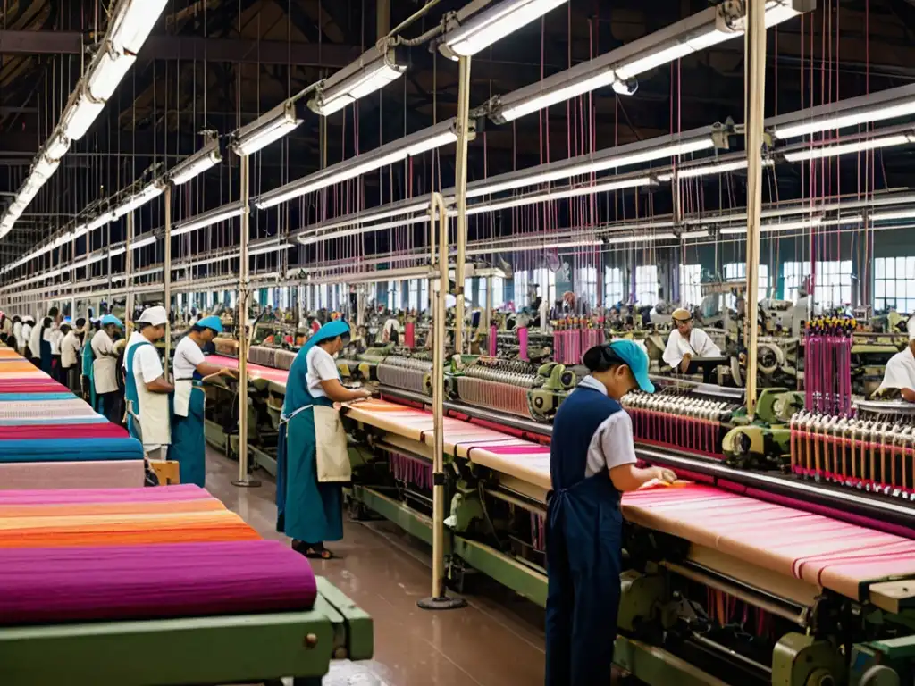 Una escena vibrante en una fábrica textil, con trabajadores manejando telares industriales rodeados de coloridos rollos de tela y hilos