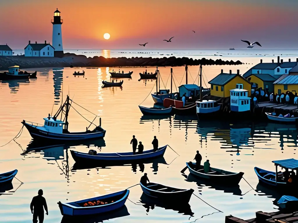 Escena vibrante en el mercado de pescado al amanecer, con actividad frenética y una majestuosa vista al mar