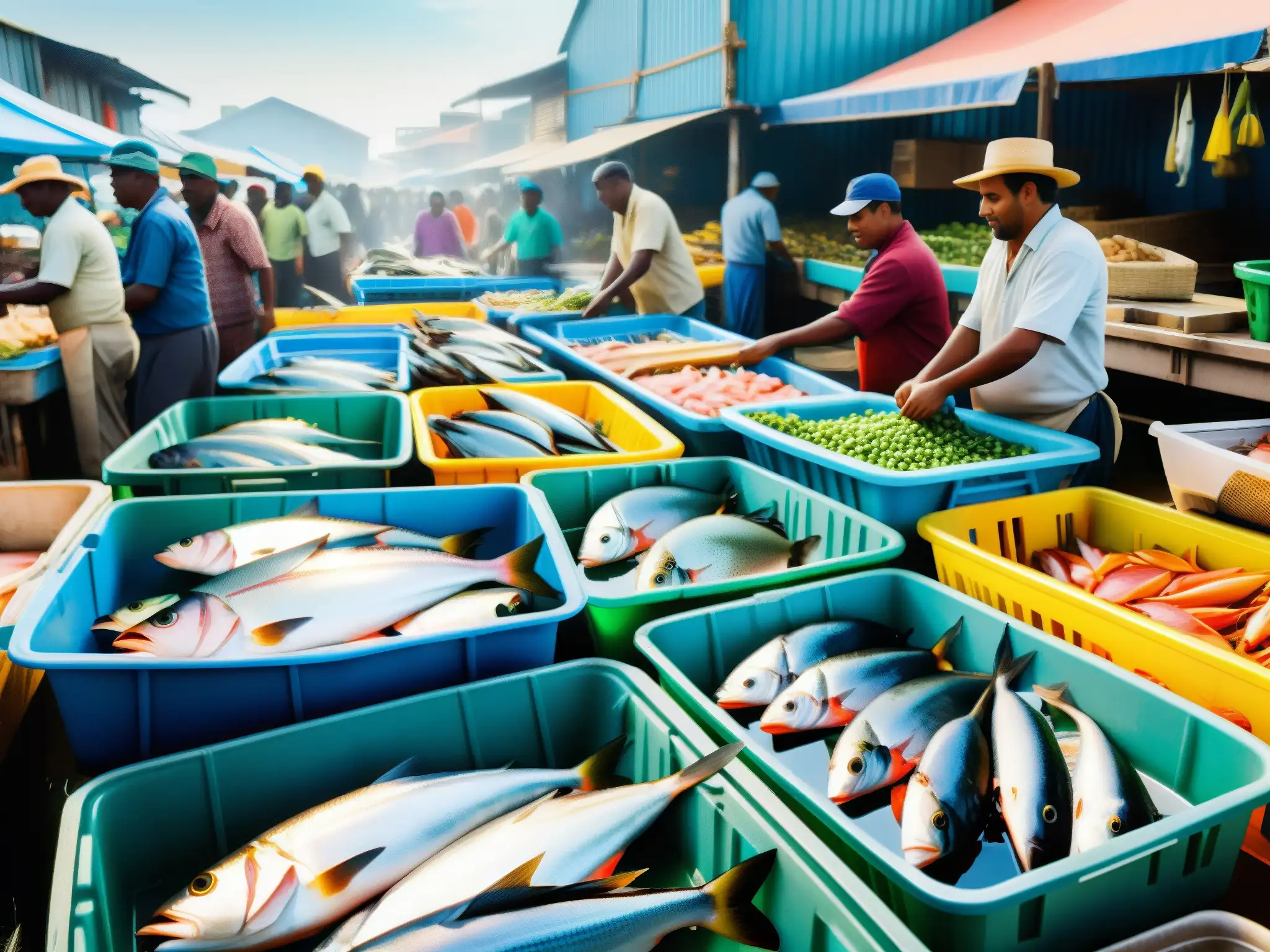 Escena vibrante de un mercado pesquero con pescadores descargando capturas coloridas mientras compradores inspeccionan mariscos frescos