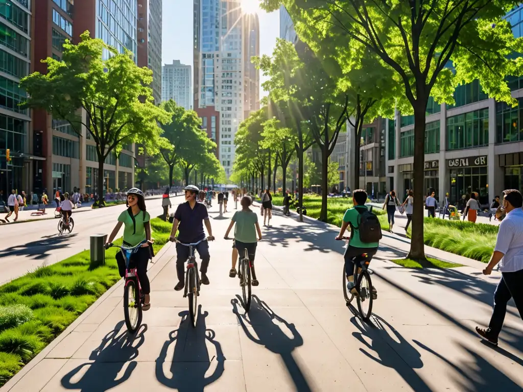 Un escenario urbano vibrante con rascacielos modernos y un parque verde, reflejando la armonía entre desarrollo urbano y conservación ambiental