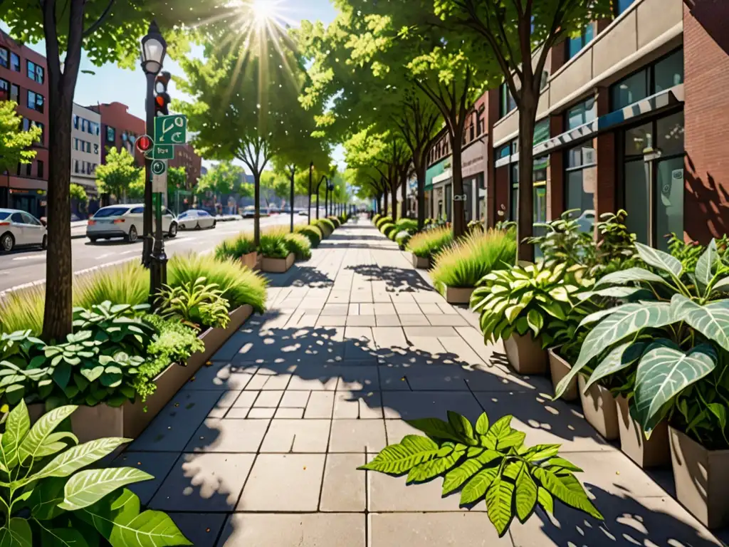 Regulación especies hipoalergénicas plantación urbana: detallada imagen de vegetación urbana contrastante, impacto en alergias