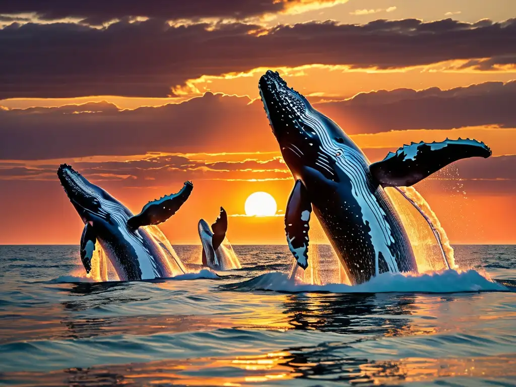 Espectacular pod de ballenas jorobadas saltando en el océano al atardecer