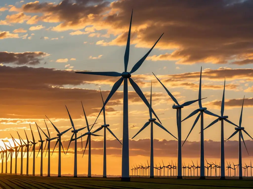 Espectacular imagen 8k de un parque eólico al atardecer Espectacular imagen en 8k de un parque eólico al atardecer, con molinos en movimiento y un cielo vibrante