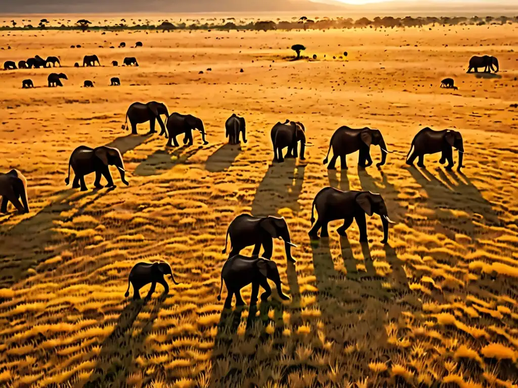 Espectacular paisaje africano al atardecer, con elefantes pastando