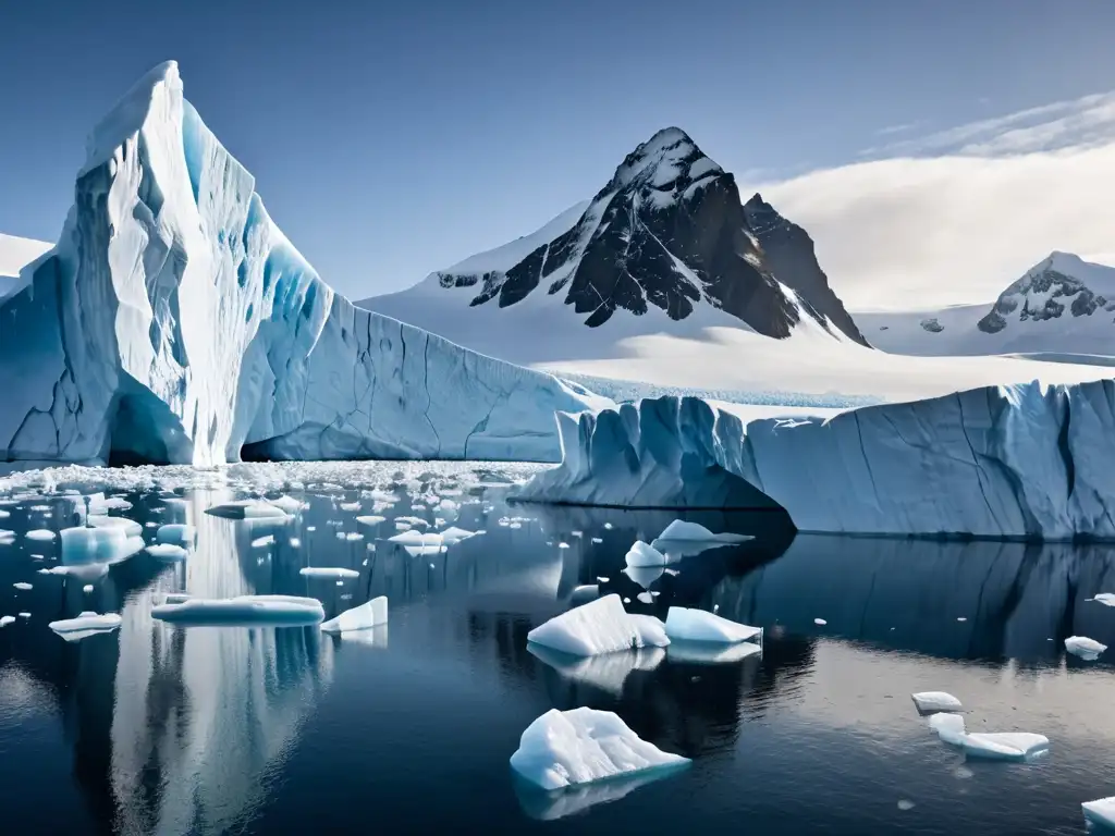 Espectacular paisaje antártico con glaciares, montañas y icebergs, bañado en luz polar