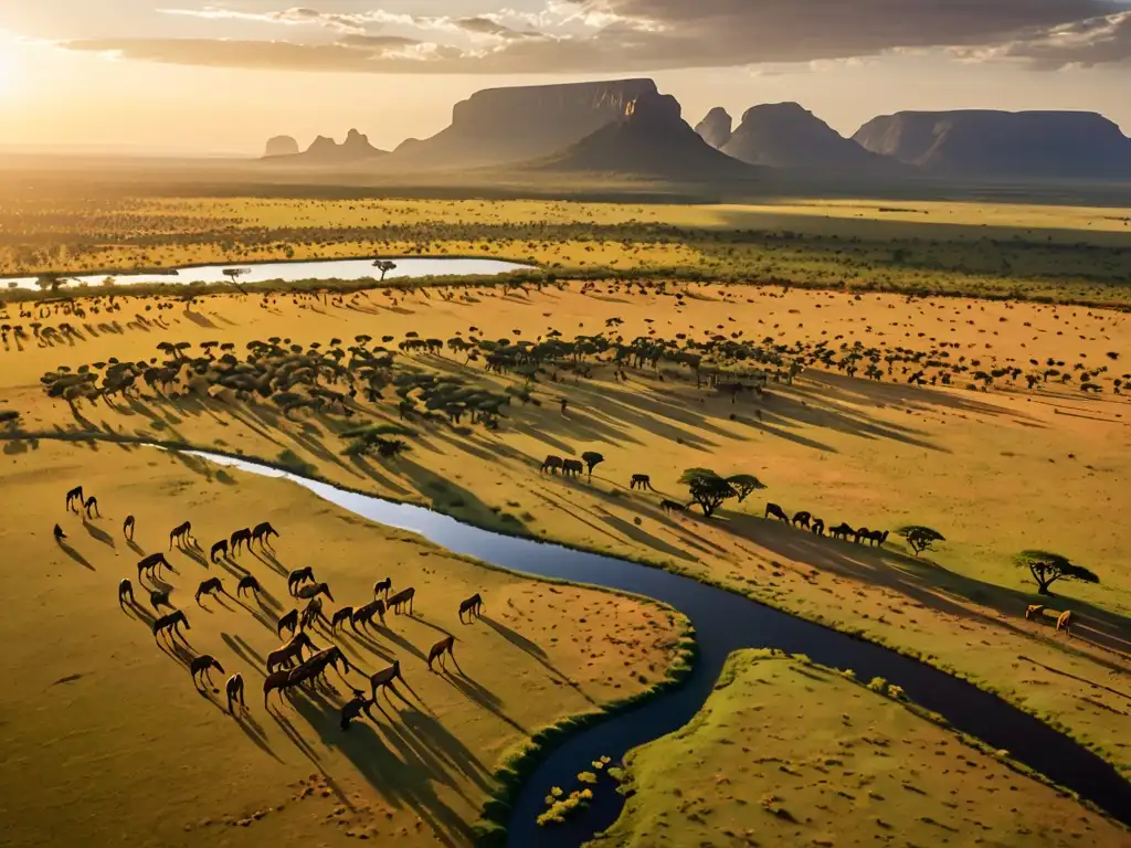 Espectacular vista aérea de una exuberante sabana africana, con ríos serpenteando y manadas de fauna