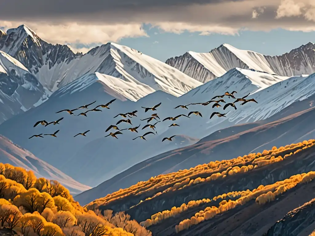 Un espectáculo impresionante de aves migratorias en formación V sobre un paisaje natural diverso con montañas nevadas al fondo