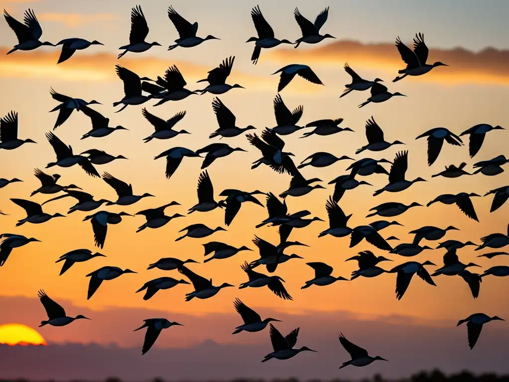 Un espectáculo natural: aves migratorias en vuelo, destacando su belleza y la importancia de la conservación de especies migratorias