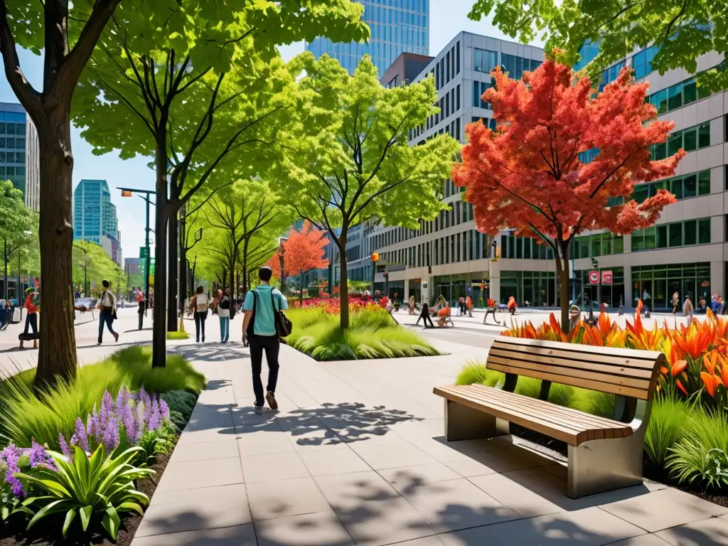 Esquina de la ciudad con espacios verdes integrados, armonía entre naturaleza y arquitectura