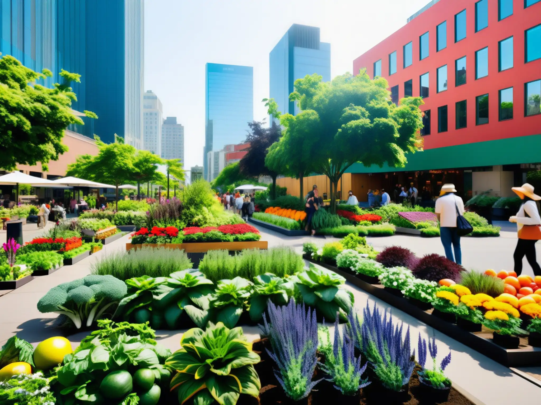 Una esquina de la ciudad rebosante de vida, con coloridos huertos urbanos donde la comunidad cultiva frutas, verduras y flores