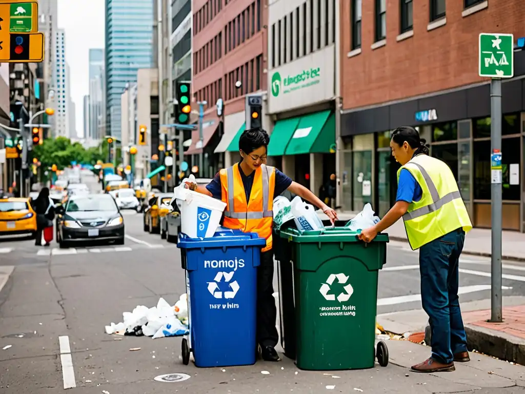 Una esquina urbana bulliciosa con un horizonte de ciudad al fondo, donde diversas personas separan sus residuos en contenedores de reciclaje etiquetados, mostrando el compromiso de la ciudad con las políticas de gestión de residuos urbanos