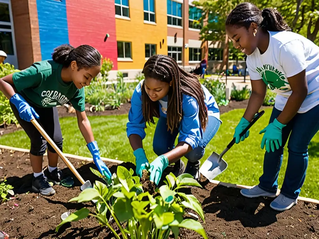 Estudiantes participando en actividad de educación ambiental, plantando árboles y cuidando un jardín comunitario al aire libre