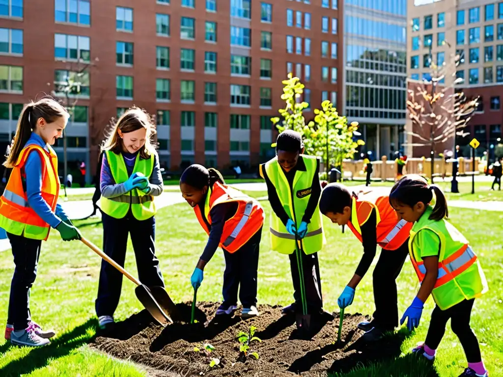 Estudiantes plantando árboles en área urbana, influencia legislación ambiental programas estudio