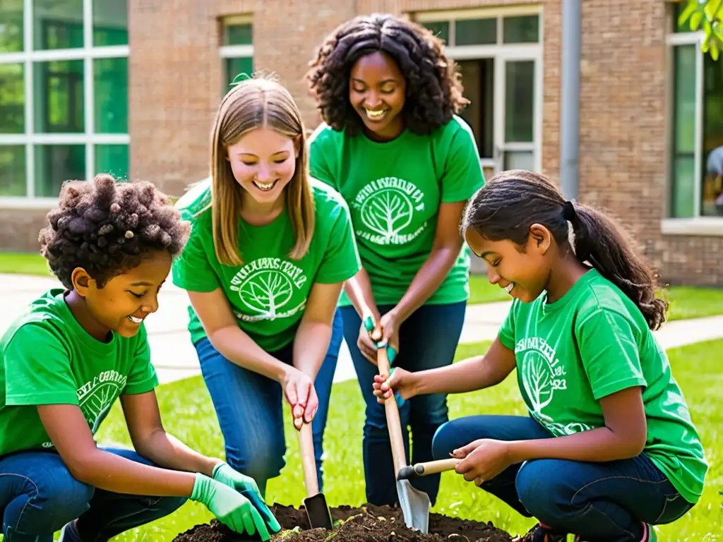 Estudiantes plantan árboles en el patio de la escuela, en una escena de educación ambiental y conservación de la naturaleza