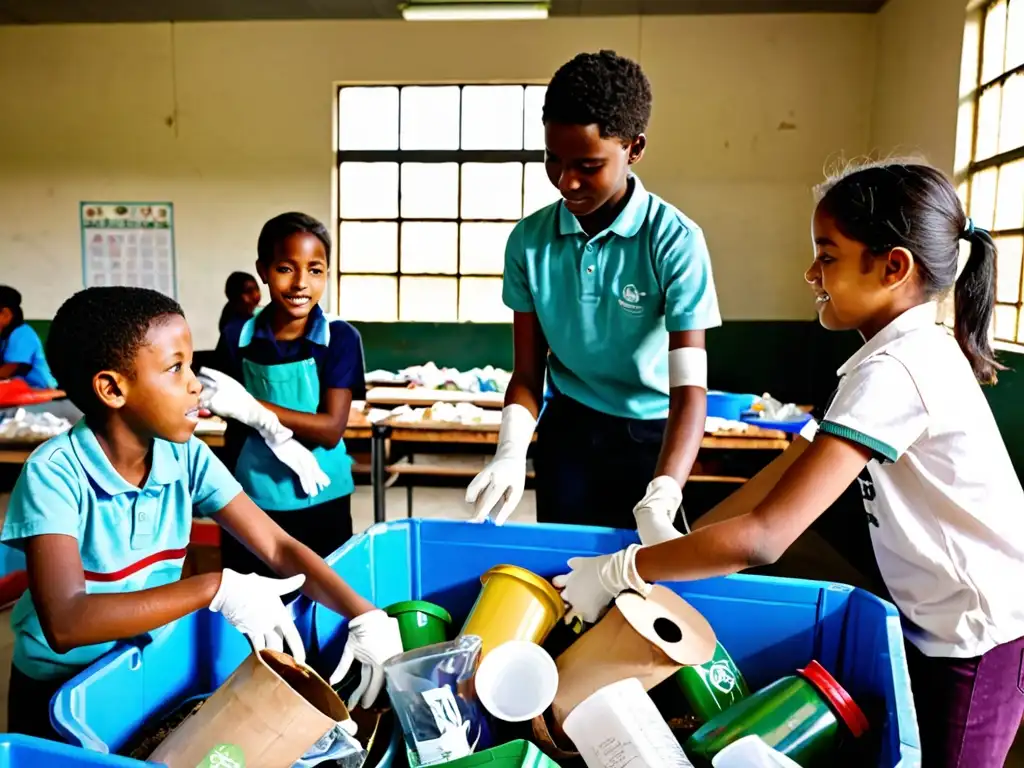 Estudiantes reciclando en el centro escolar, aprendiendo sobre estrategias para fomentar el reciclaje en las escuelas