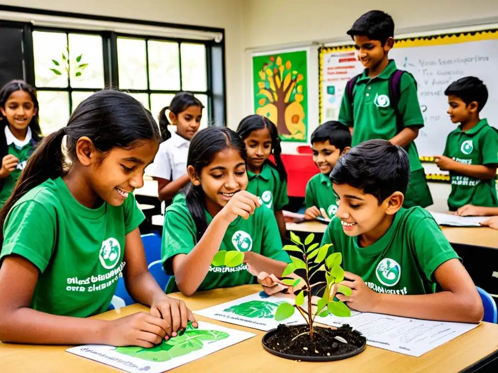 Estudiantes comprometidos en la conservación ambiental, colaborando en un aula llena de materiales educativos sobre ciencia ambiental y sostenibilidad