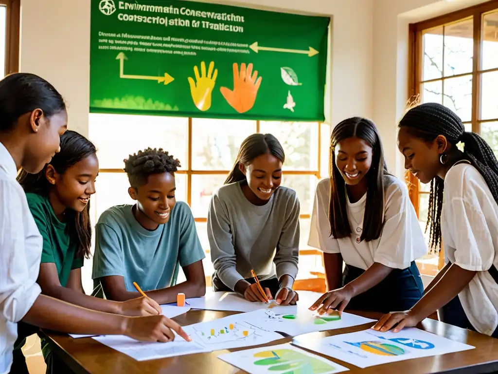 Estudiantes comprometidos debatiendo sobre la importancia de actualizar currículum normativas ambientales en un ambiente cálido y educativo