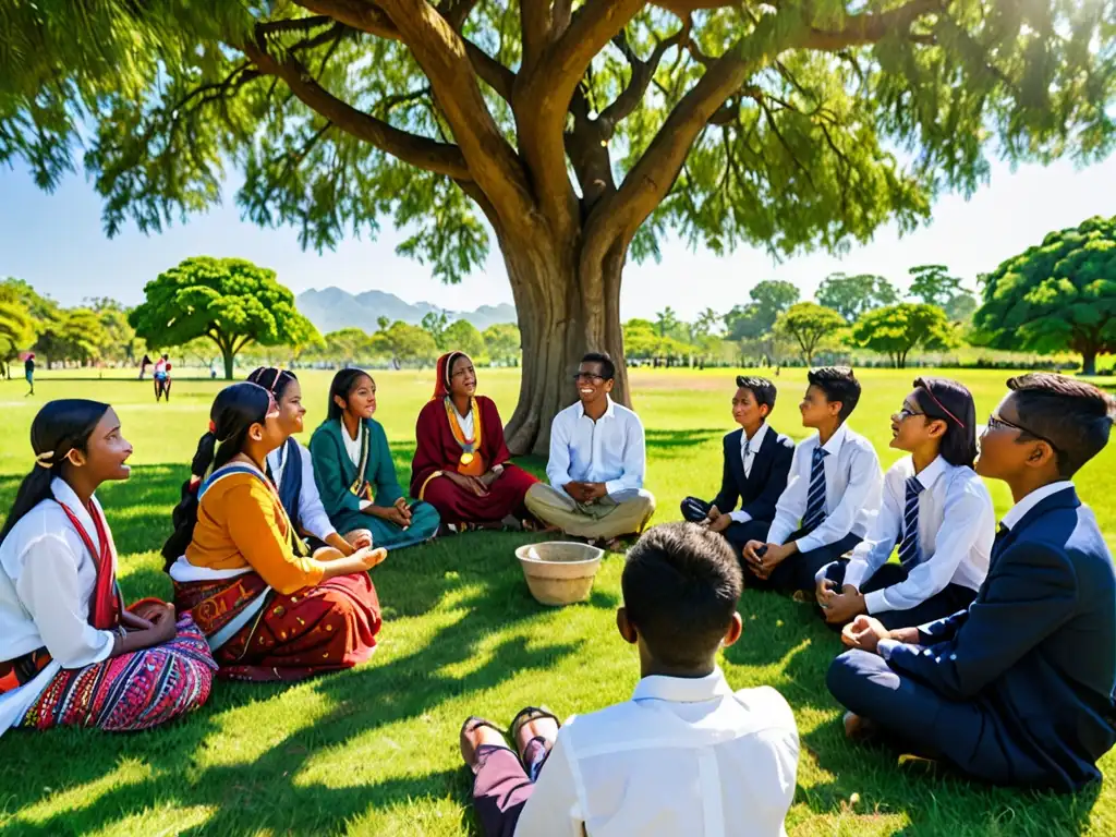 Estudiantes de diferentes culturas discuten bajo un árbol