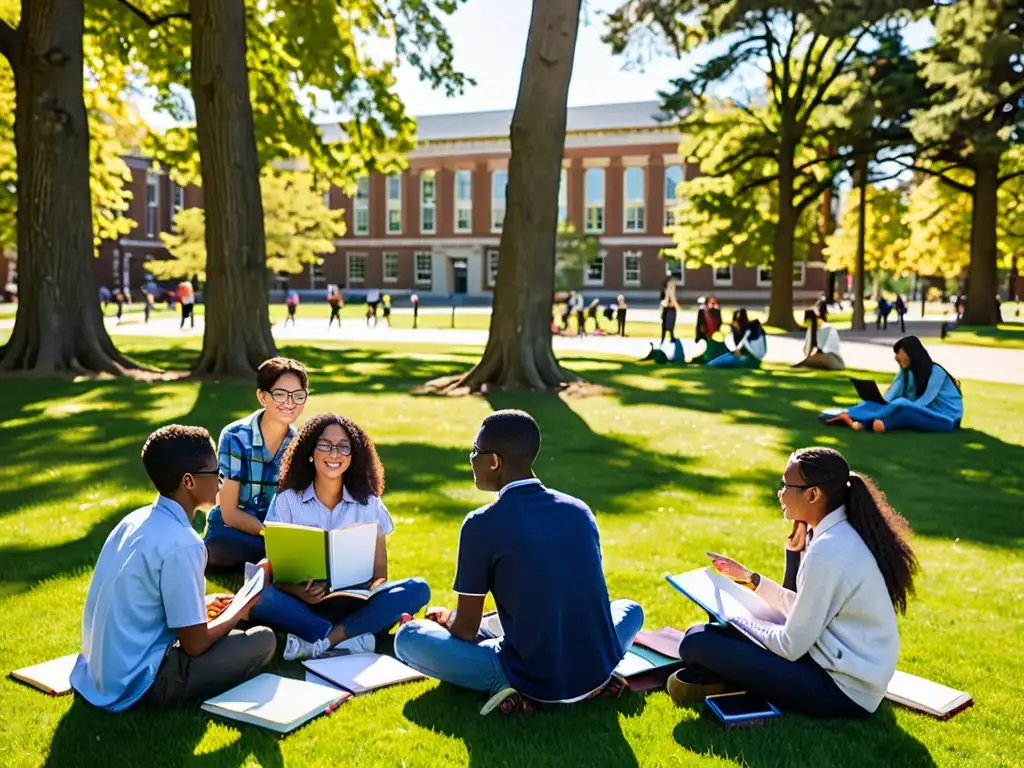 Estudiantes discuten derecho ambiental al aire libre, combinando métodos de enseñanza tradicionales y digitales en el campus universitario