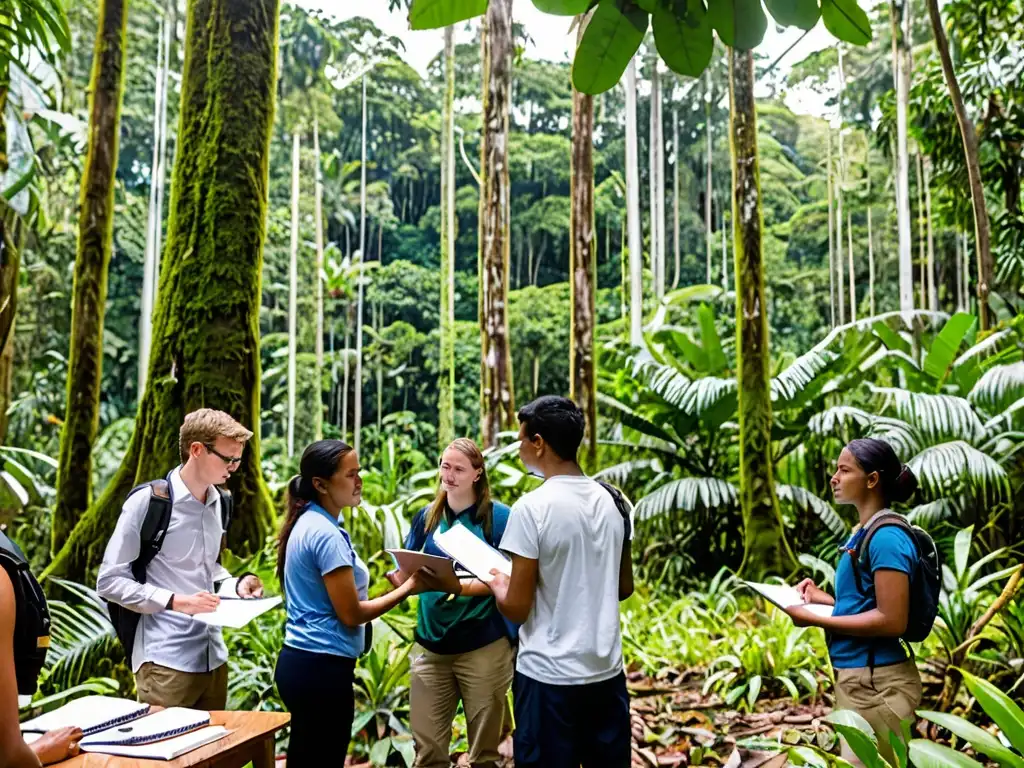 Estudiantes de derecho ambiental global realizando investigación de campo en la exuberante selva, interactuando con comunidades indígenas y analizando flora y fauna