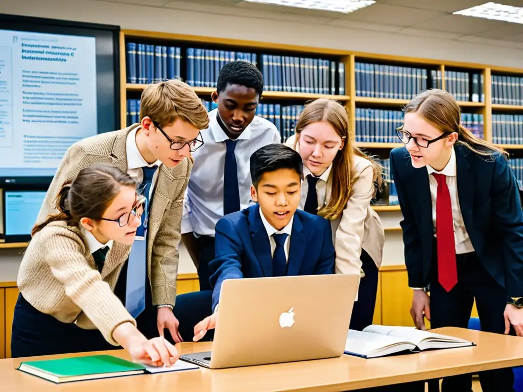 Estudiantes de derecho ambiental usan herramientas digitales para estudiar con entusiasmo, rodeados de libros y luz natural