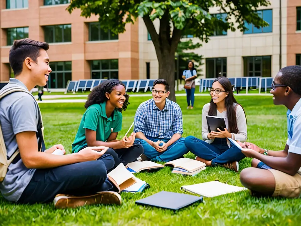 Estudiantes debaten sobre derecho ambiental en educación sostenible en el campus, promoviendo la colaboración y la sustentabilidad