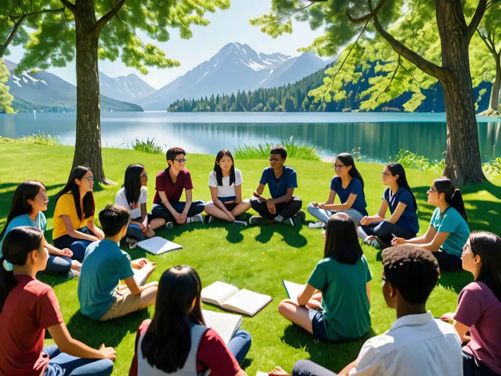 Estudiantes diversificados discuten apasionadamente la importancia de actualizar currículum con normativas ambientales, rodeados de naturaleza exuberante y luz solar filtrada