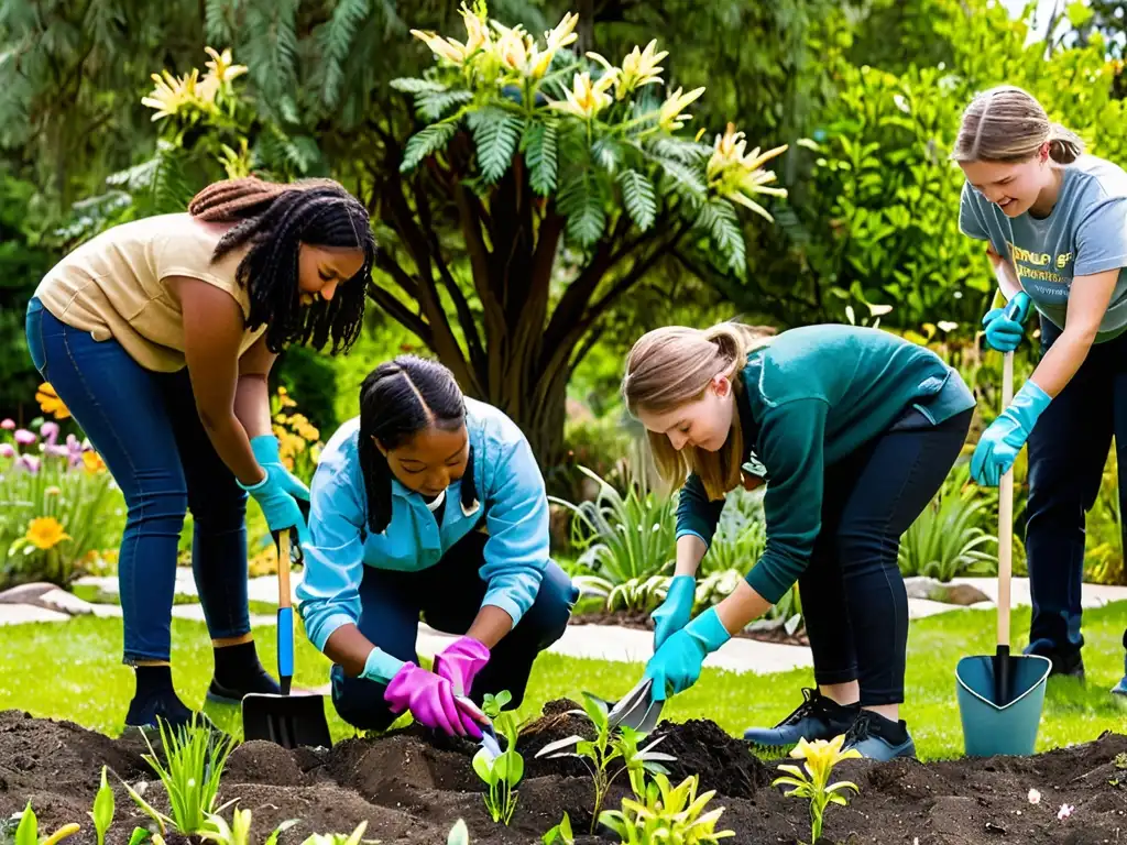 Estudiantes divers@s plantando árboles en un espacio verde, promoviendo la concienciación sobre conflictos ambientales y derechos humanos