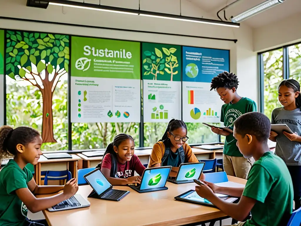 Estudiantes divers@s usando tecnología en aula ecoamigable, rodeados de naturaleza