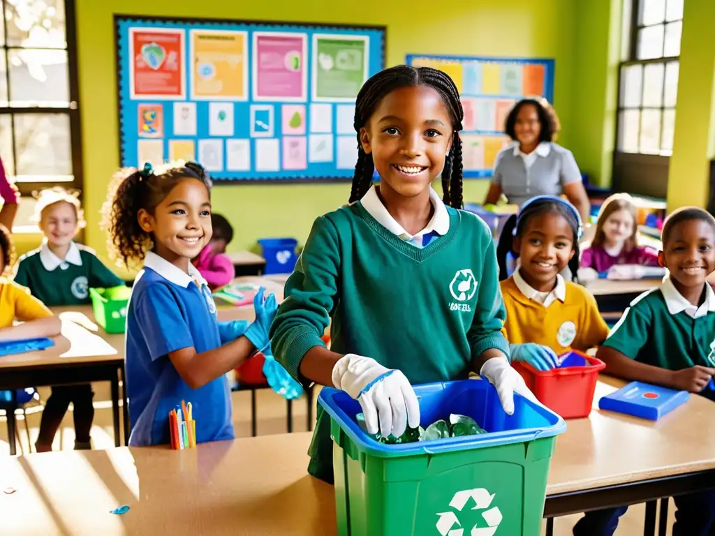 Estudiantes entusiastas reciclando en el aula con la guía del profesor, estrategias para fomentar el reciclaje en las escuelas