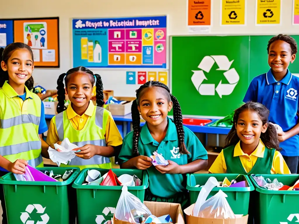 Estudiantes felices reciclando en centro escolar, estrategias fomentar reciclaje escuelas