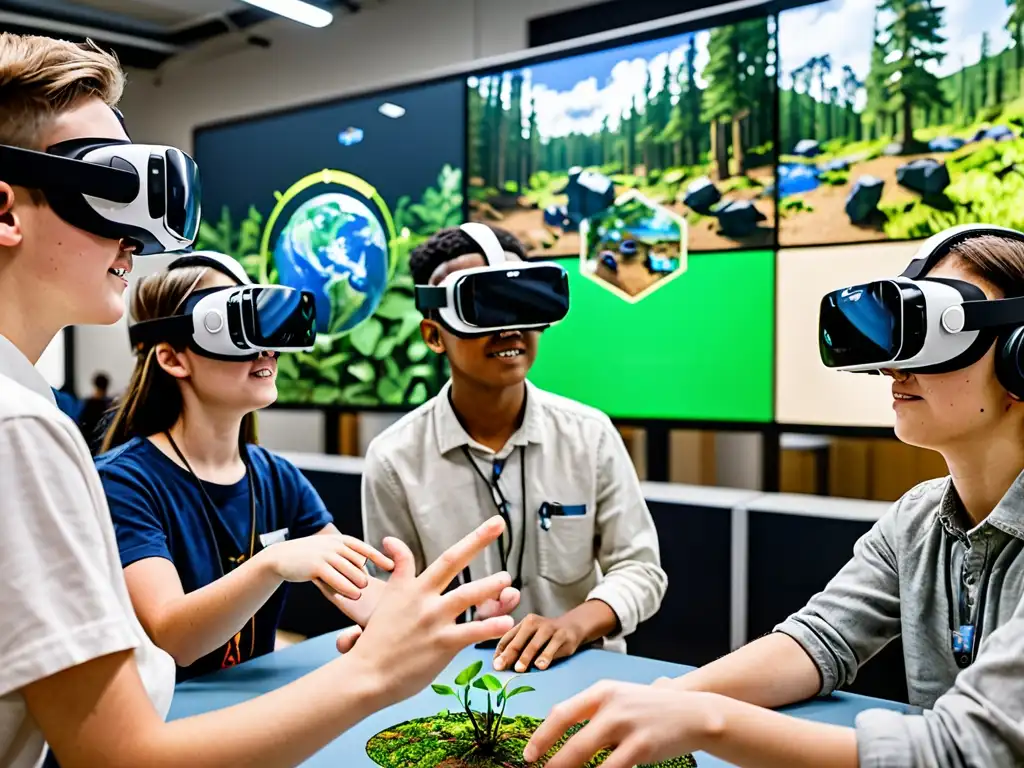 Estudiantes inmersos en simulación ambiental con tecnología VR, integración de tecnología en educación ambiental