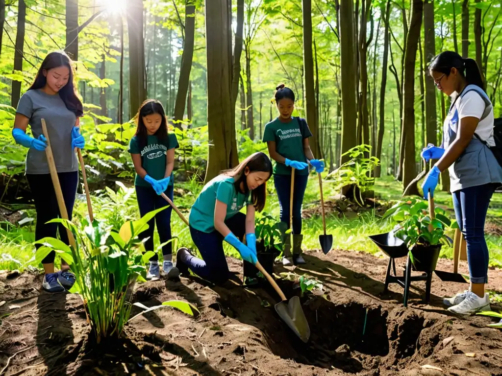 Estudiantes y maestro plantan árboles en bosque frondoso, fomentando educación ambiental y conservación