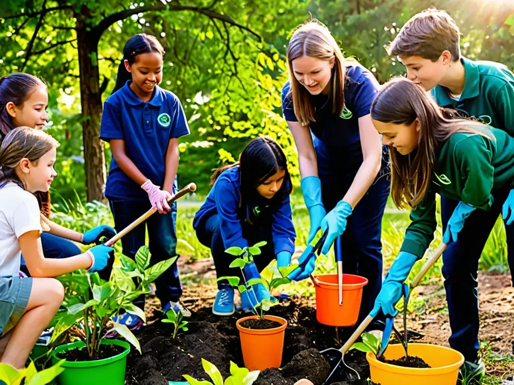 Estudiantes y maestro plantan árboles en un parque, mostrando la influencia de la legislación ambiental en programas de estudio