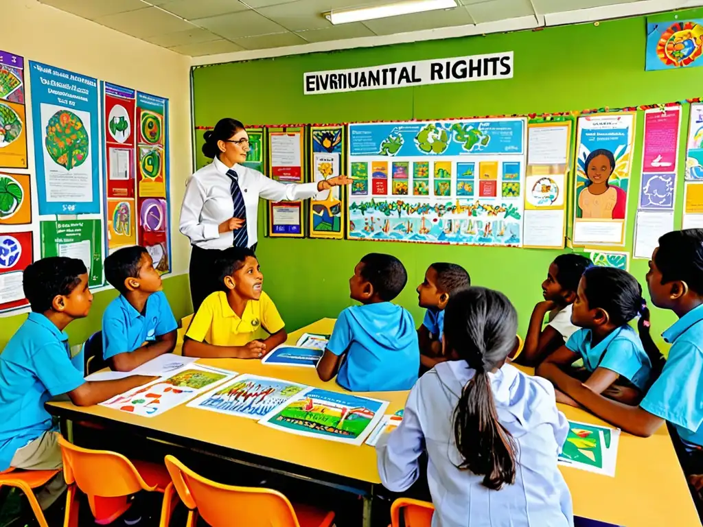 Estudiantes y maestro discuten sobre derechos ambientales en educación sostenible, rodeados de coloridos materiales educativos