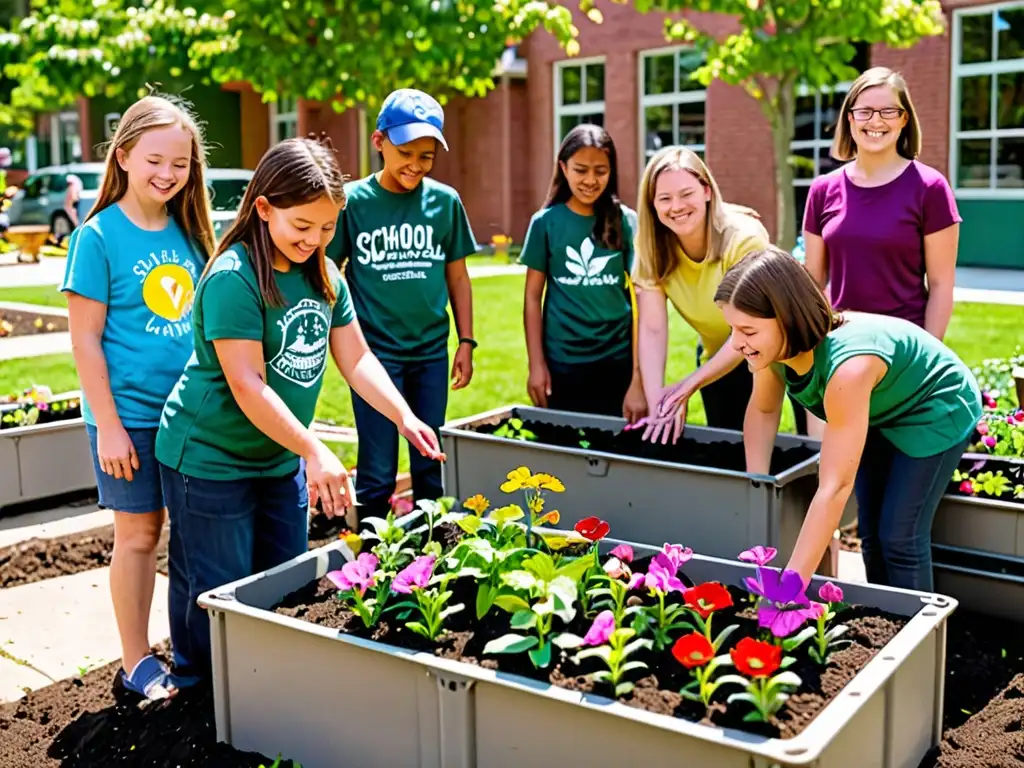 Estudiantes y maestros colaboran para crear un hermoso jardín escolar verde, fomentando patios escolares verdes instituciones educativas