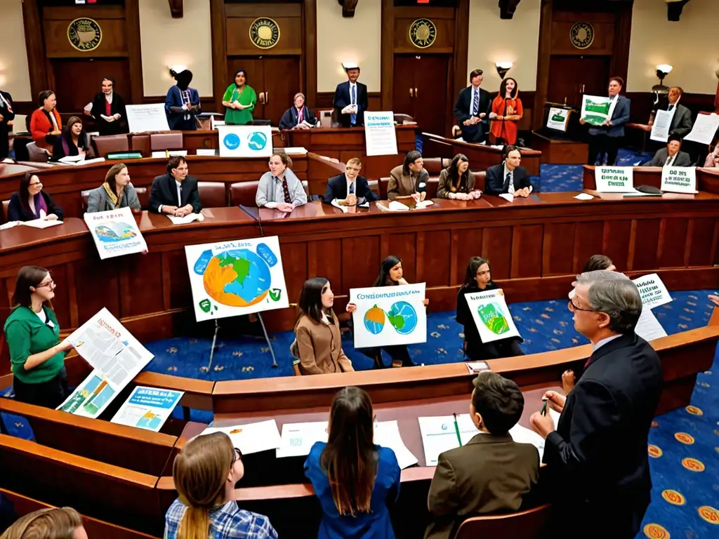 Estudiantes y maestros discuten la importancia educación ambiental legislación en cámara legislativa