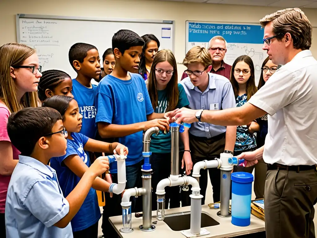 Estudiantes y maestros examinan un sistema de filtración de agua, destacando la conciencia legal, educación ambiental y salud pública