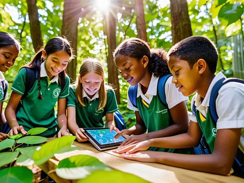 Estudiantes interactúan con pantalla digital en aula al aire libre