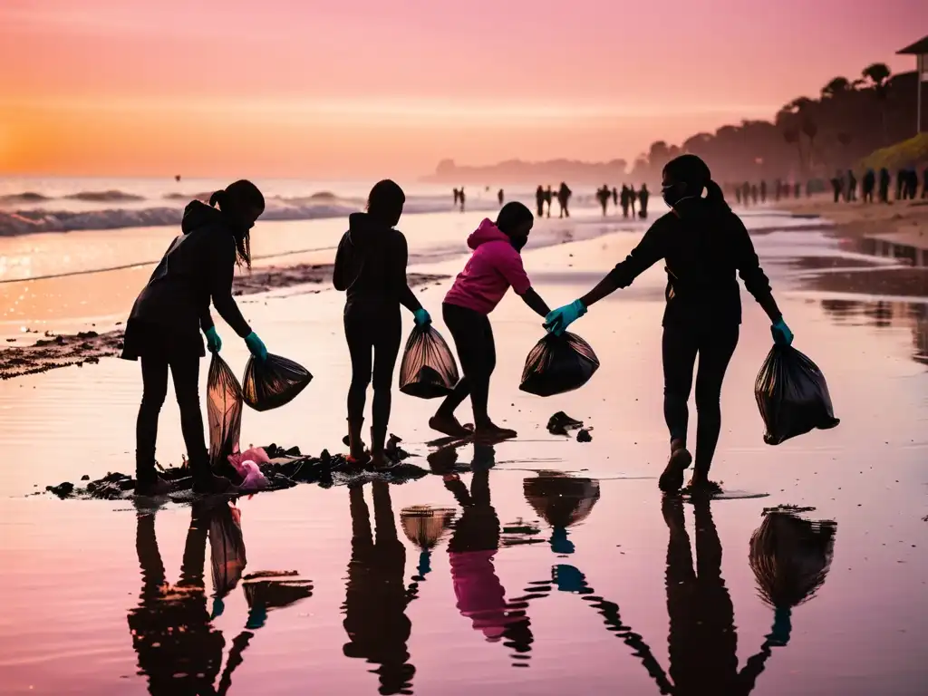 Estudiantes limpiando una playa al atardecer, reflejando la importancia de la educación ambiental