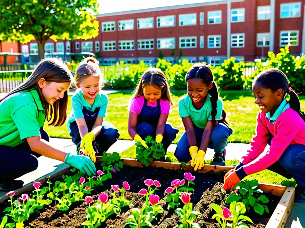 Estudiantes de primaria plantan en un patio escolar verde, rodeados de naturaleza y murales educativos