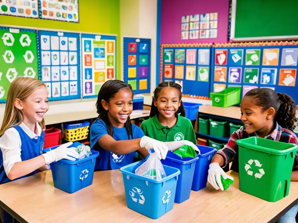 Estudiantes sonrientes aprenden estrategias para fomentar reciclaje en la escuela