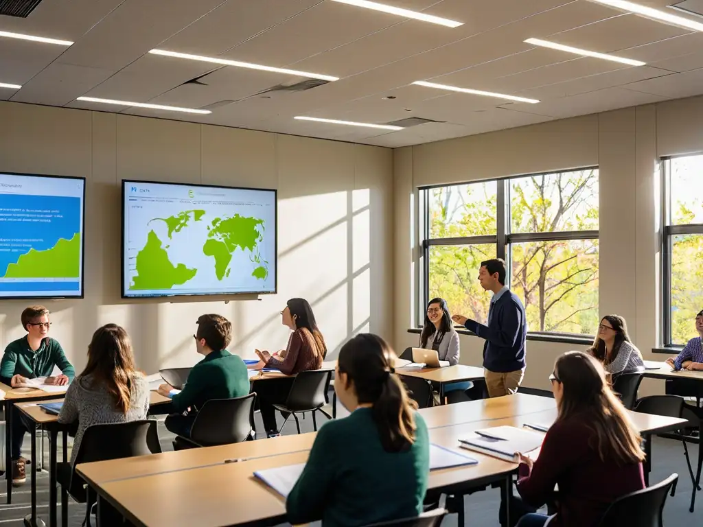 Estudiantes universitarios debaten sobre leyes ambientales, integrando tecnología en un aula moderna con luz natural