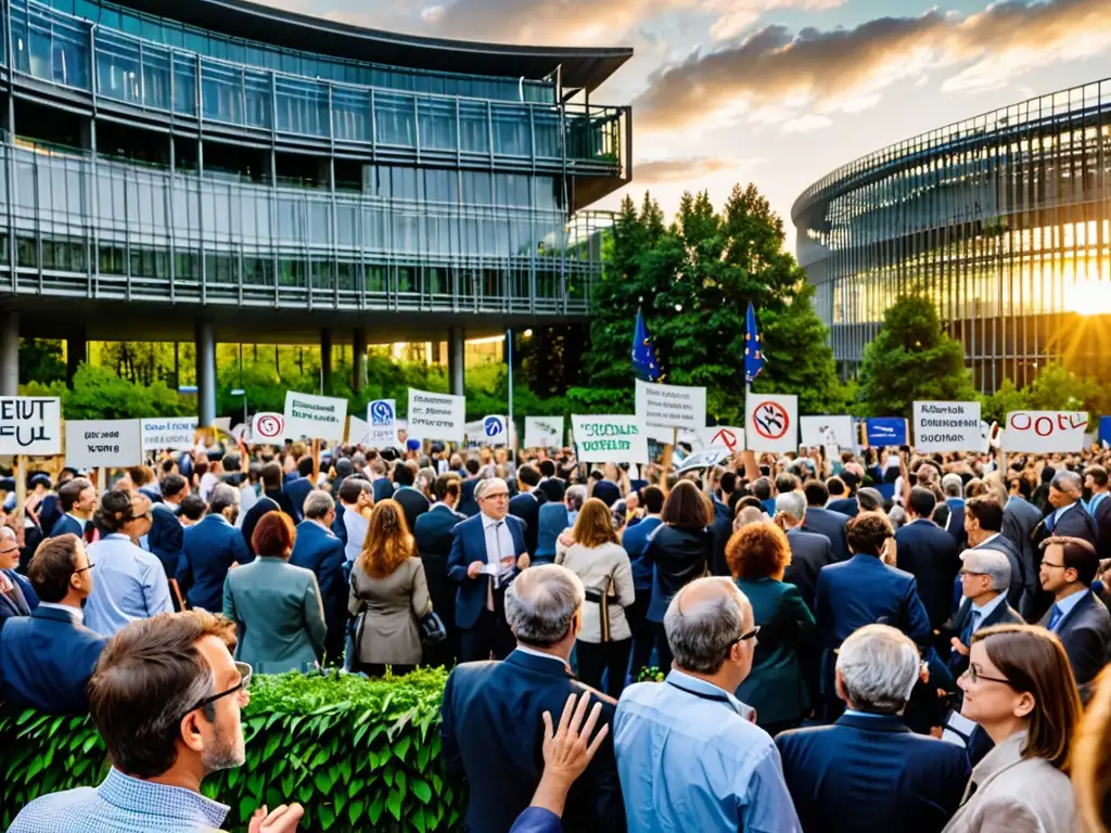 El Parlamento Europeo al atardecer, rodeado de vegetación, con manifestantes sosteniendo pancartas por la gobernanza ambiental de la UE