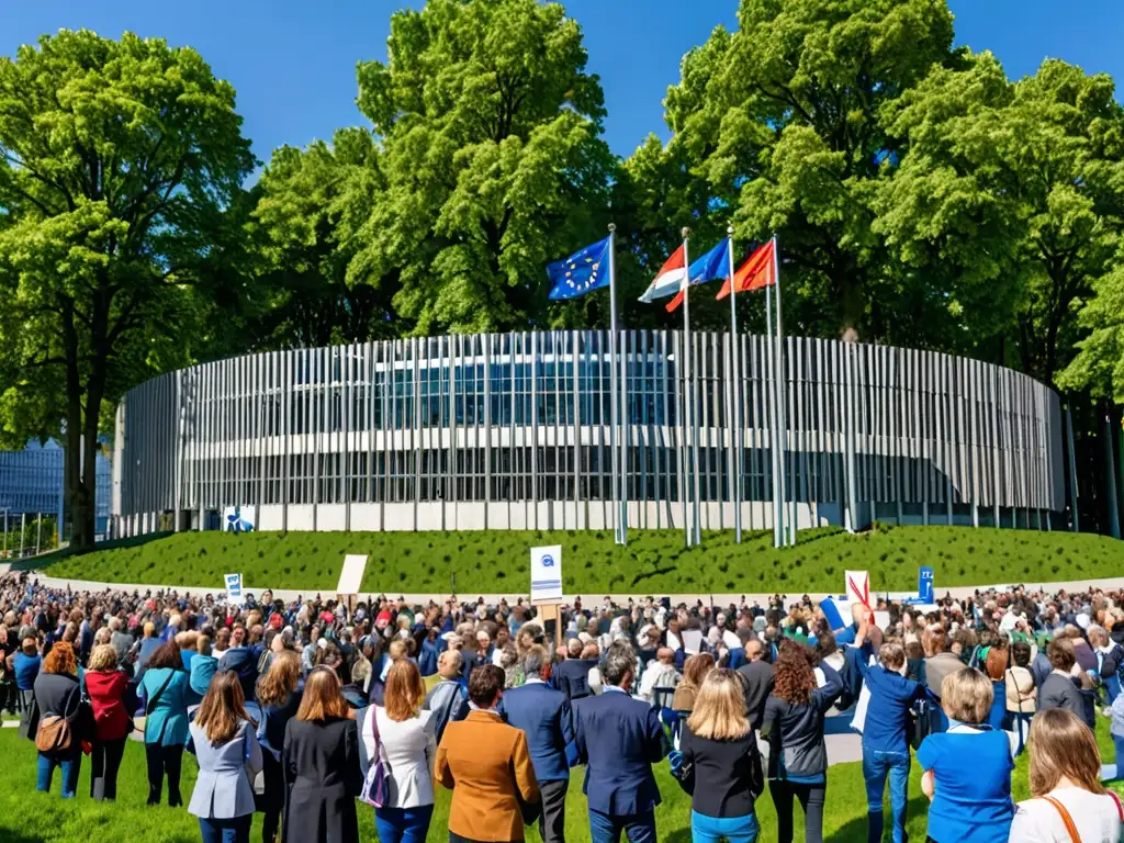 Manifestación pacífica frente al Parlamento Europeo en Bruselas El Parlamento Europeo destaca contra el cielo azul