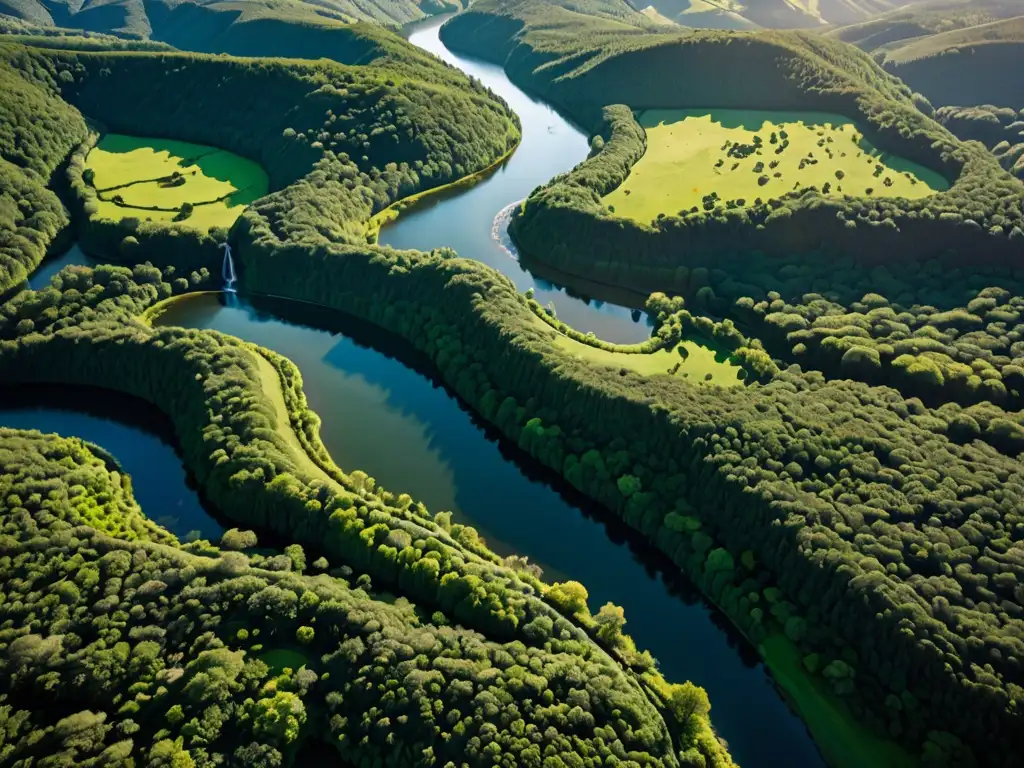 Evaluaciones de Impacto Ambiental sostenibilidad: paisaje exuberante con río serpenteante, bosques densos y colinas onduladas bajo la luz del sol