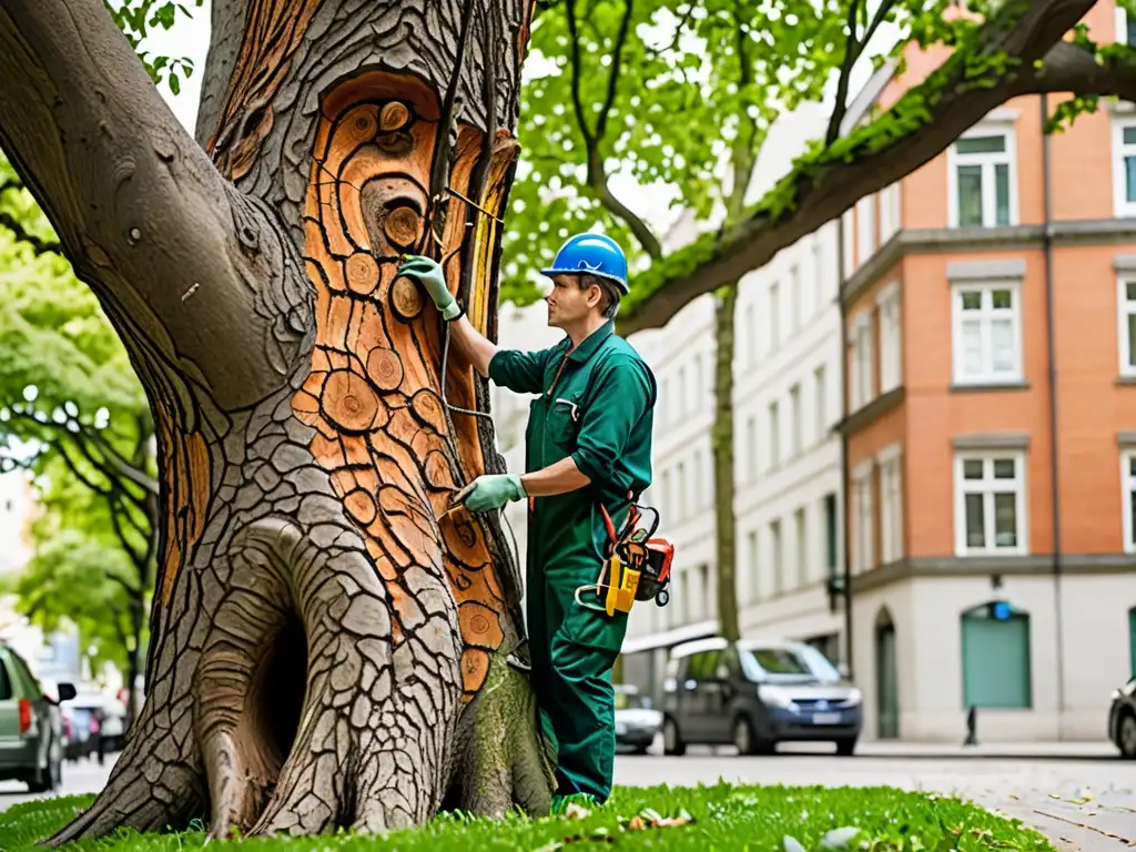 Un experto arborista examina detenidamente el tronco de un árbol antiguo en la ciudad, destacando la conservación patrimonio arbóreo ciudades