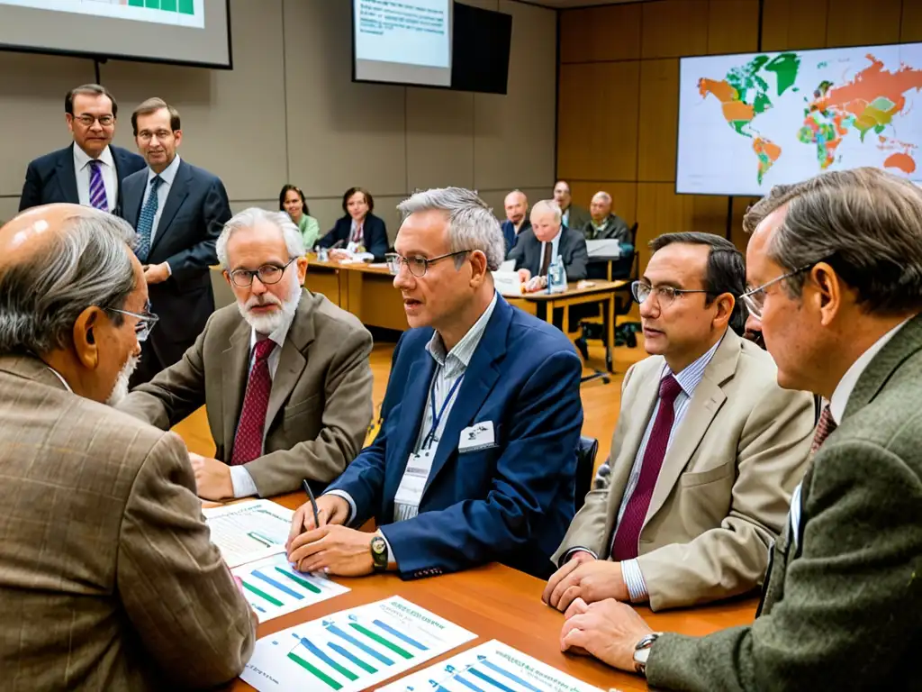 Expertos en regulación internacional de plaguicidas agrícolas debaten intensamente en una sala llena de documentos y gráficos